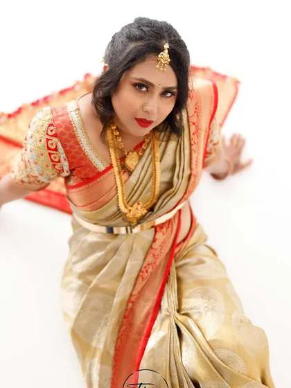 An overhead shot from the same photoshoot, giving a unique perspective on the bridal makeup and hairstyle.