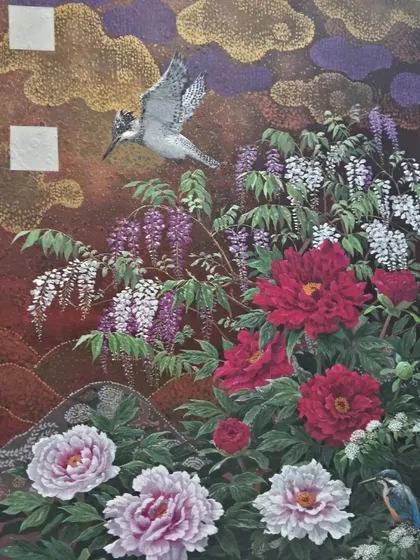 A duplicate of image 172, a Japanese painting featuring a kingfisher and vibrant flowers.