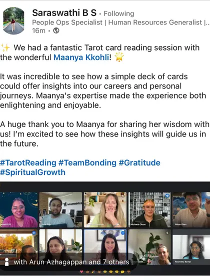 It was a pleasure to bring the world of Tarot to the wonderful team at Teikametrics. Seeing how these cards can offer profound insights for both career and personal journeys in a corporate setting is always so enlightening. A team bonding session with tarot can be a truly unique and connecting experience.