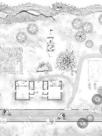 This illustration was part of our design communication process, helping the community visualize how a new homestay would integrate into their existing village fabric, near the river and local temple.