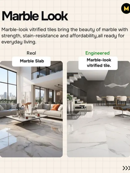Here you can see the engineered marble-look vitrified tile on the right. It brings the beauty of marble but with added strength, stain resistance, and affordability for everyday living.