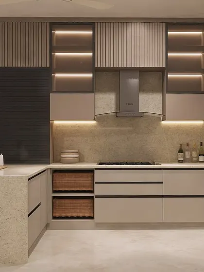Functionality is key in our designs. This view highlights the custom storage solutions, including deep drawers for pots and pans, and integrated wicker baskets for storing fresh produce.
