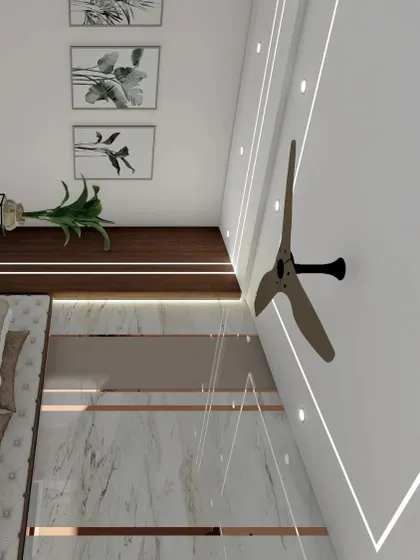 A top-down view of a bedroom ceiling design, featuring clean lines of strip lighting and a modern fan, creating a sleek and contemporary look.