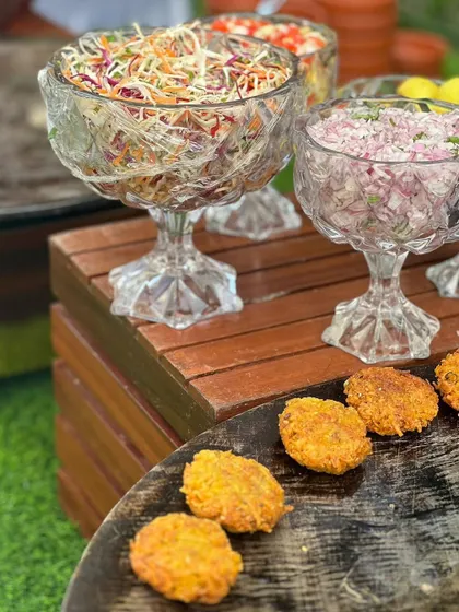 Our live chaat counter is always a hit. Here, we have all the fixings for delicious ragda pattice and other street food favorites.