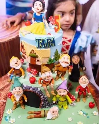 Little Tara, daughter of Mahhi Vij and Jay Bhanushali, dressed as Snow White for her 5th birthday, with her enchanting rotating cake featuring all seven dwarfs.