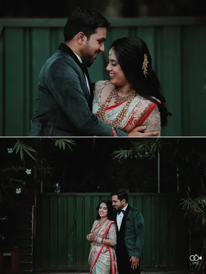 A diptych of the couple embracing against a dark green background, their evening reception look is pure elegance.