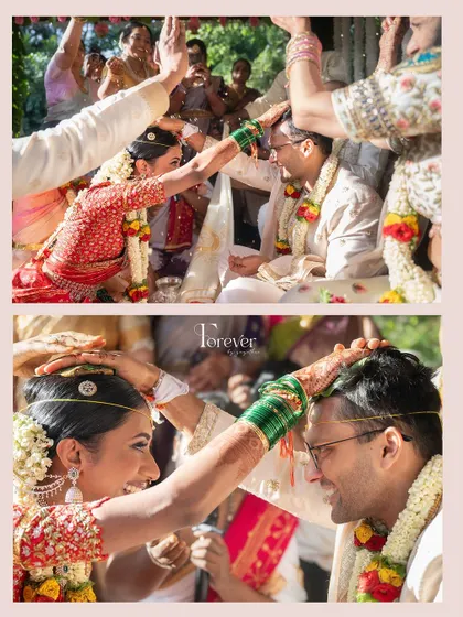 The 'talambralu' ceremony, a beautiful and fun ritual. The bride's makeup stays perfect even through moments of laughter and joy.