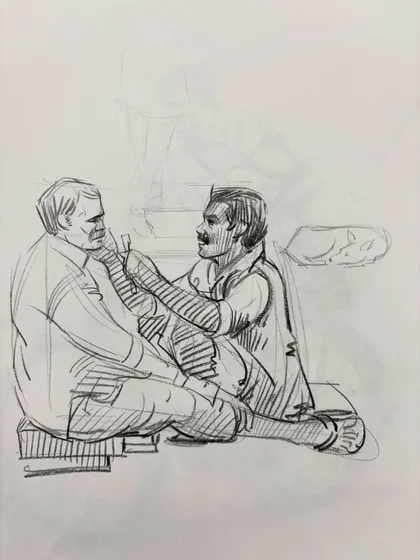 A sketch of two figures interacting, a study in composition and storytelling.