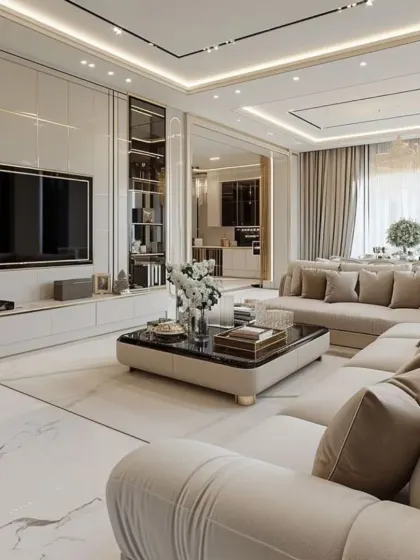 This open-concept living space features a large, comfortable sectional that helps define the seating area. The integrated TV wall unit includes glass-doored shelving for display, and the entire space is unified by a neutral color scheme and marble-patterned flooring.