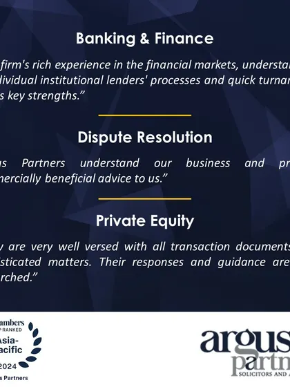 Client testimonials from Chambers Asia-Pacific 2024 praising our expertise in Banking & Finance, Dispute Resolution, and Private Equity.