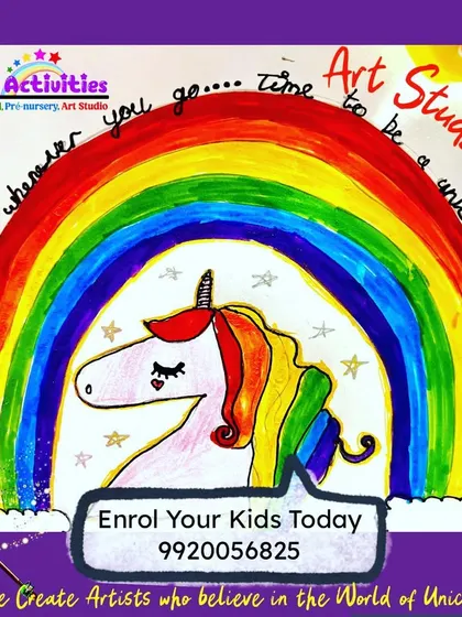We create artists who believe in the world of unicorns. This vibrant rainbow and unicorn painting is a perfect example of the imaginative and colorful art that comes out of our studio, where we encourage kids to dream big.