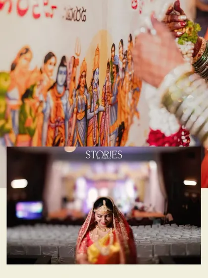 A collage that blends tradition and emotion. The top image shows the 'jeelakarra bellam' ritual from a South Indian wedding, while the bottom shows the bride's serene expression as she sits in the mandap.