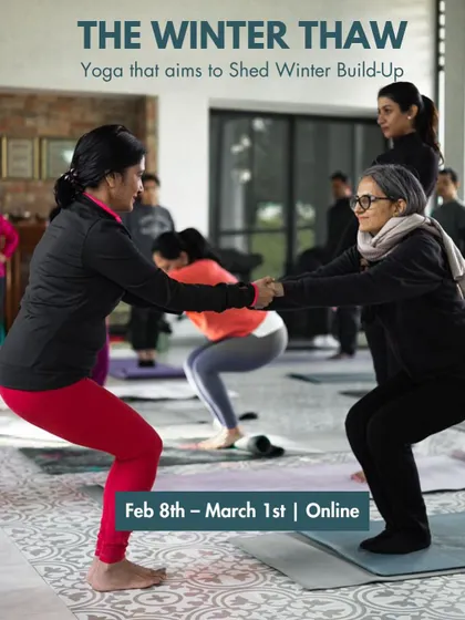 A poster for "The Winter Thaw" online series, featuring a photo of a partner-assisted squat. This highlights the sense of community and support, even in an online format.