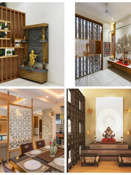 This collage shows four of our pooja unit and partition designs. We demonstrate how to integrate sacred spaces into living and dining areas using jaali screens and dedicated mandir cabinets.