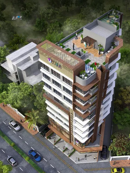 An aerial perspective of Vira Park View. This view showcases the rooftop amenities and the building's relationship with its urban surroundings in Vile Parle.
