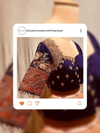 A social media feature of the Katha-inspired blouse, showcasing its intricate hand embroidery and jeweled neckline.