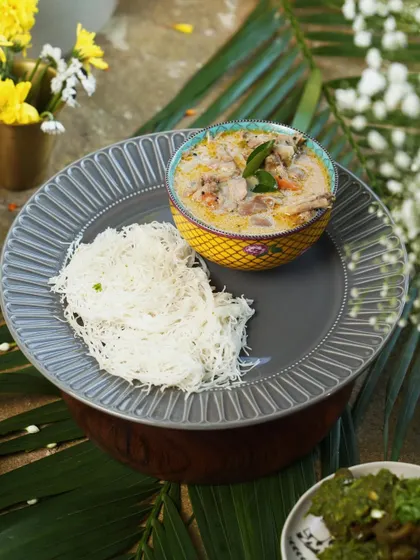 On a rainy day, nothing is more comforting than our peppery Nasrani Stew paired with soft, lacy Idiyappam (string hoppers). This creamy, coconut milk-based stew is a classic from Kerala's Syrian Christian kitchens, offering pure, heart-warming flavours.