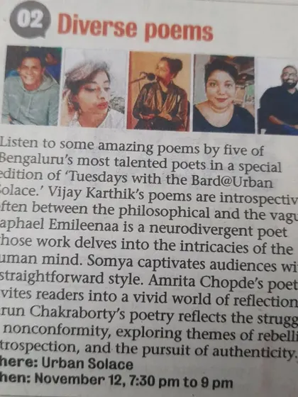 "Diverse poems" at Urban Solace. This newspaper feature highlights the unique voices and themes explored by five poets at our 15-year anniversary celebration.