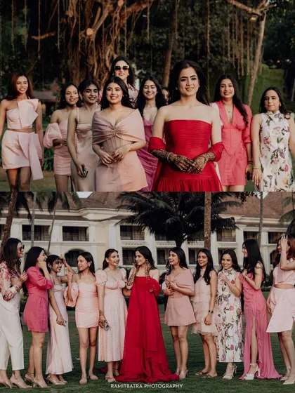 A collage of the bride and her squad posing for group photos, showcasing their coordinated outfits.