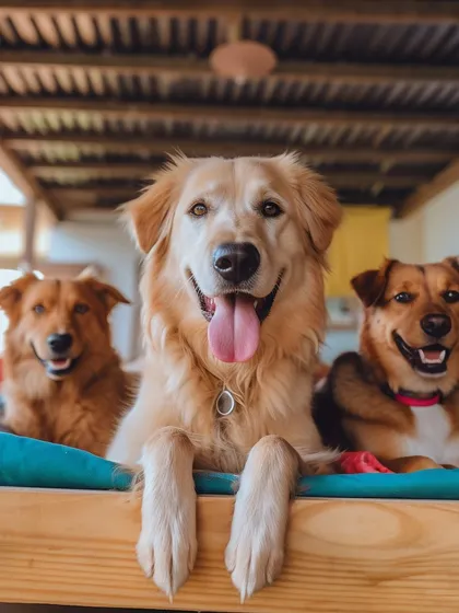 Three best friends hanging out together. Our boarding facility is a great place for dogs to socialize and enjoy each other's company.