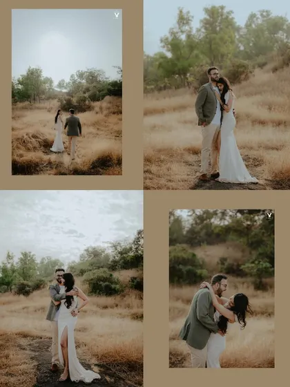 A collage of four images from a pre-wedding shoot in the Lonavala hills, showing the couple walking, embracing, and dancing in a beautiful, rustic landscape.