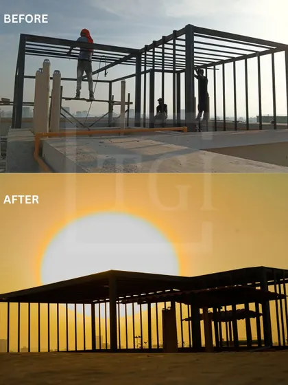 The journey of a pergola structure from its initial metal framework to a striking silhouette against the sunset. This image shows the structural integrity and aesthetic potential we build into our designs from the very beginning.
