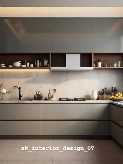 A sophisticated kitchen with dark grey glossy upper cabinets and lighter grey lower cabinets. The open wooden shelving provides a warm contrast and space for everyday items.