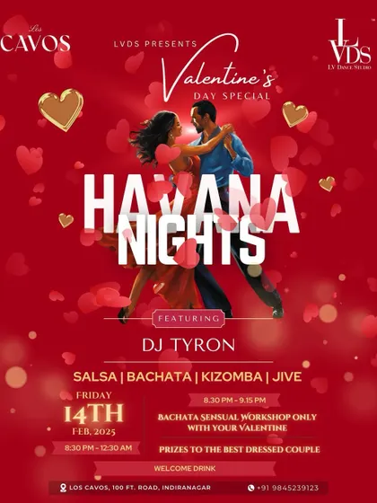 Our Valentine's Day Special poster for Havana Nights at Los Cavos, promising a romantic evening of dance, workshops, and prizes.