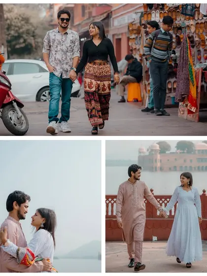 This collage captures a couple's journey through Jaipur, from a casual stroll in a bustling market to romantic moments in traditional wear by the lake.