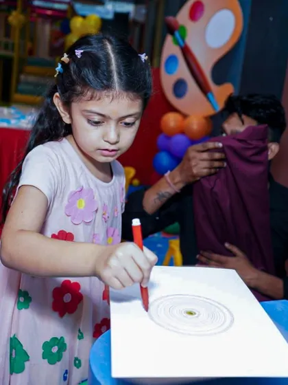 The concentration on her face says it all! This spiral art activity was a highlight of our art-themed party, letting kids create amazing patterns with ease.
