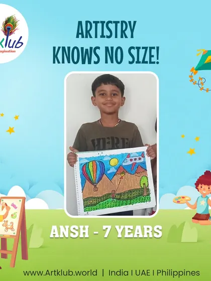 Ansh, age 7, proves that artistry knows no size with his colorful hot air balloon landscape.