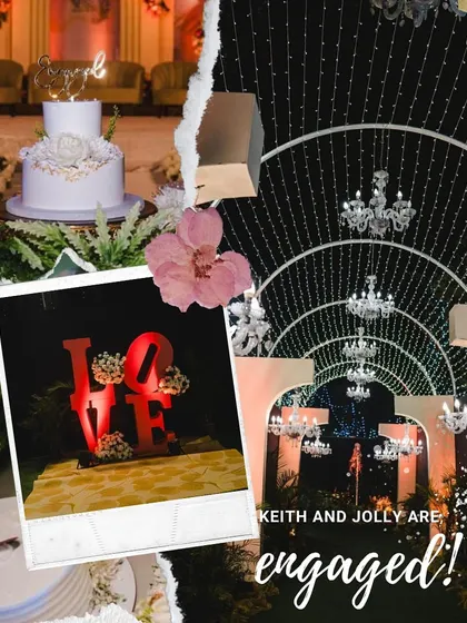 A collage celebrating Keith and Jolly's engagement. It highlights the romantic details we incorporated, including a "LOVE" sign, a stunning chandelier-lit entrance, and a beautiful tiered cake.