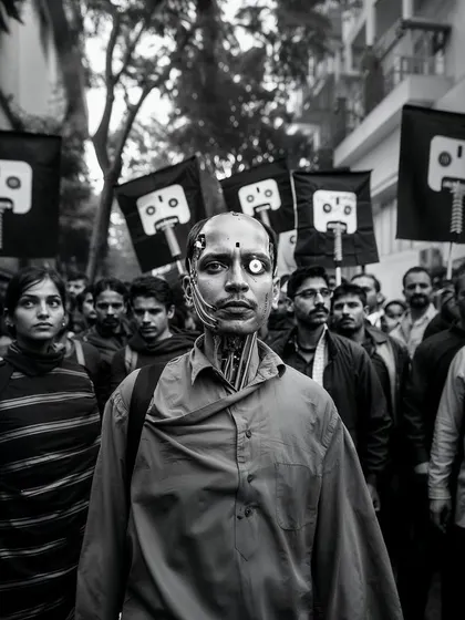 Another shot from the 'MekaMantri' concept, with a crowd of supporters and detractors. This series explores the political and personal struggles of a cyborg leader.