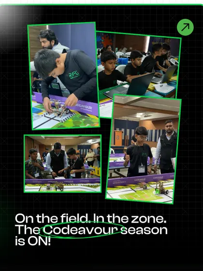 On the field and in the zone. This collage shows our students deeply focused during the Codeavour competition, working on their robots and fine-tuning their code.