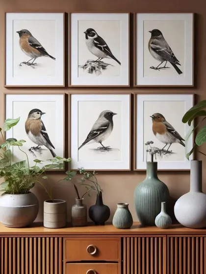 This collection of bird prints is perfect for a nature lover's home. The simple illustrations and clean framing make them a versatile choice for any room, from the living room to the study.