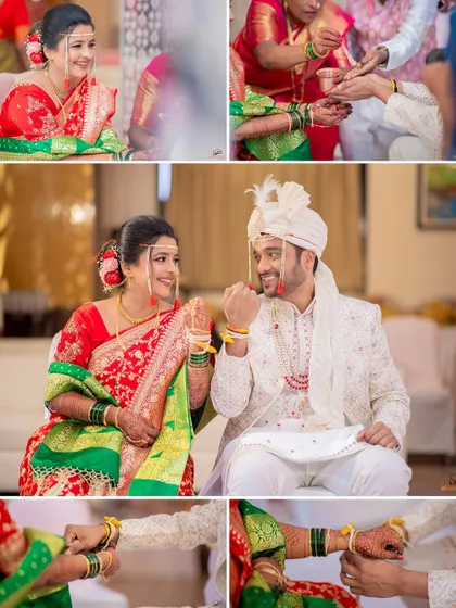 A collage of the 'kankan' tying ritual, capturing the playful and happy interactions between the bride and groom.