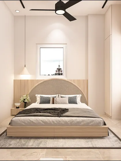 This view of the guest room highlights the full-length mirror and the open shelving unit, providing practical storage while maintaining a minimalist aesthetic.