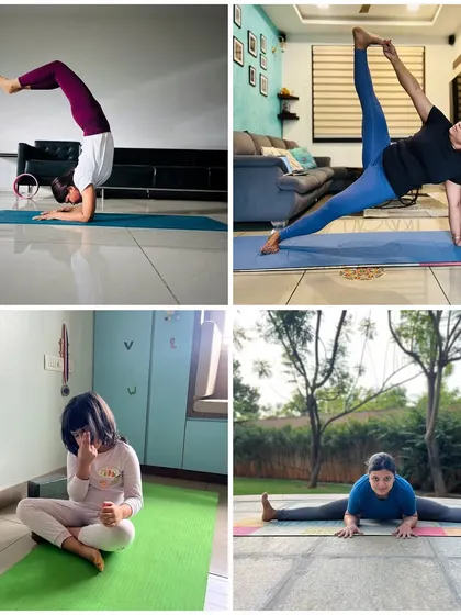 A collage of my students' practice. It includes a forearm stand, side plank, a child's simple practice, and a wide-legged forward fold, showing that yoga is for every age and level.