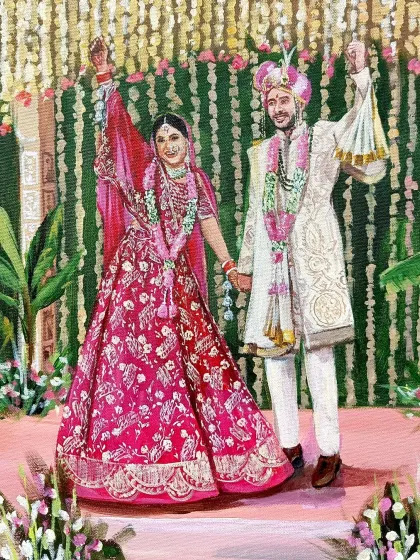A close-up of the joyful Jaimala ceremony painting. The details in the bride's embroidered lehenga and the groom's expression are the focus here.