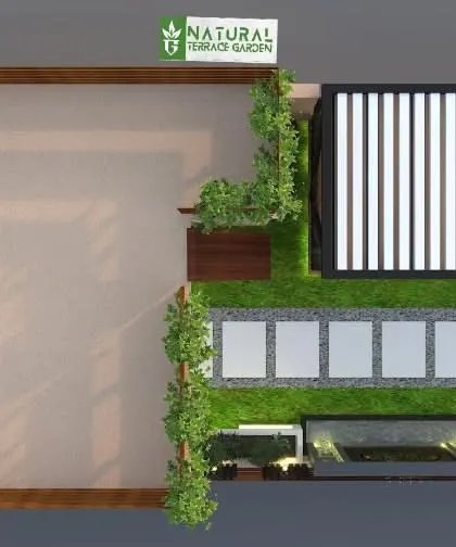 A top-down plan of the Rohini terrace design. This view helps in understanding the precise placement of the pergola, fountain, and pathways.