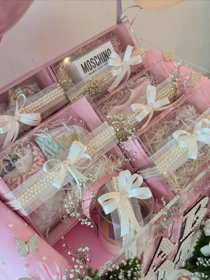 A close-up of the luxurious gifts inside the 'Baby M' hamper.