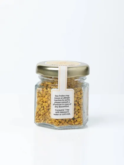 The back of the Bee Pollen jar, showing the nutritional information and usage instructions. We also provide shots of the back and sides of products for complete listings.