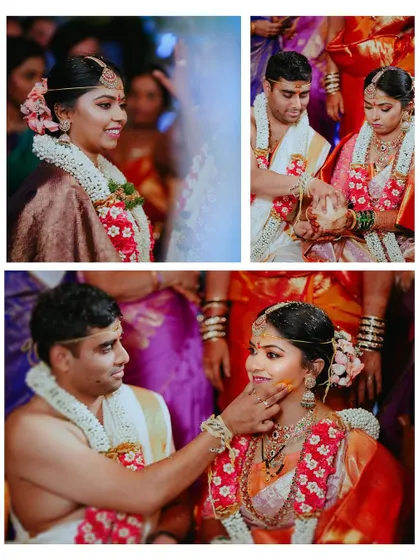 A collage of intimate moments from the wedding ceremony, capturing the couple's connection and the blessings of their families.