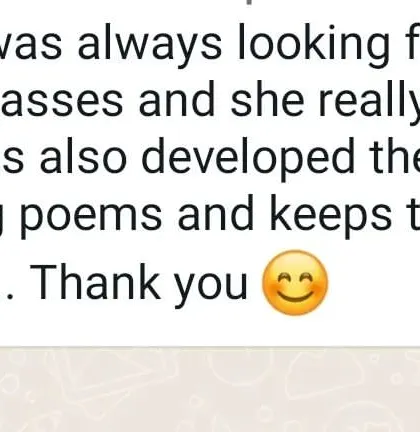A parent shares that their daughter was always looking forward to the classes and has developed a habit of writing poems. This is the goal: to make writing a joyful and integral part of their lives.