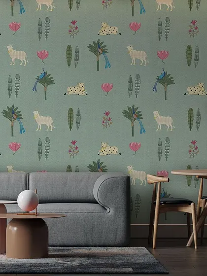 This quirky wallpaper features a pattern of leopards, palm trees, and flowers. It's a fun and stylish choice for someone looking to add a unique personality to their room.