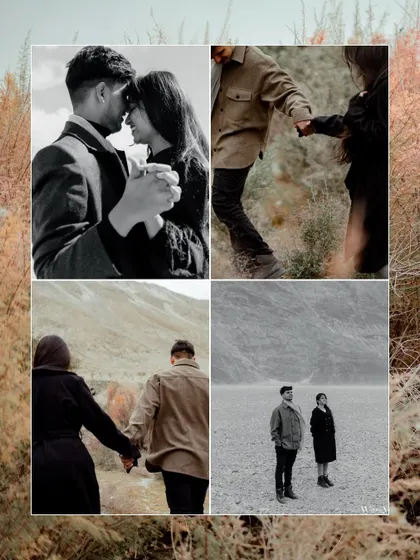 This collage highlights the small, intimate moments of an adventure shoot in Ladakh: holding hands, a close embrace, and walking together through the rugged terrain.