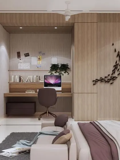 A functional and stylish study nook integrated into the master bedroom. The design provides a dedicated workspace without compromising the room's serene and relaxing atmosphere.