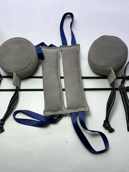 This was a proud moment, shipping out our 101st order. This photo shows a typical combination of gear a serious trainer might order: bite pillows for drive work, leashes for control, and other custom tools. It shows the variety of equipment I make.
