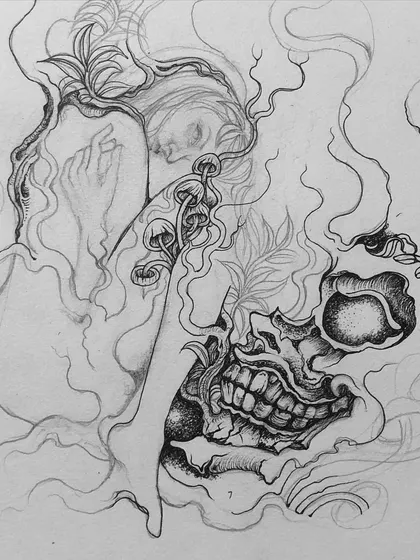 An early inking stage of the "Tempting" piece.