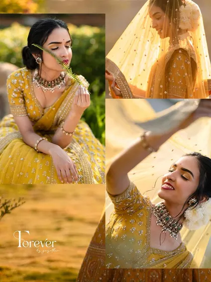 A collage of artistic and playful shots of the bride during her pre-wedding shoot, glowing in the golden sun.
